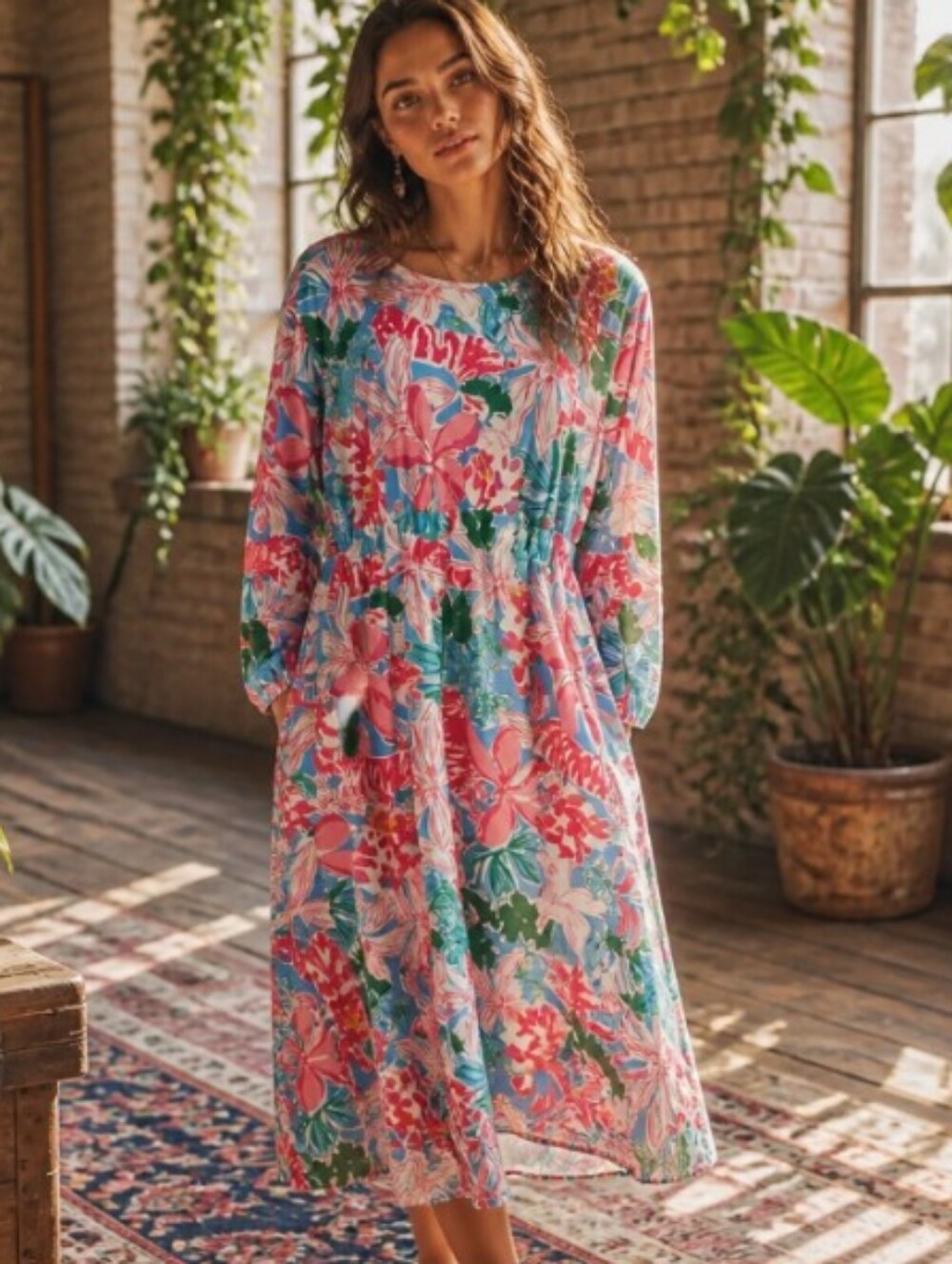 Floral Long Sleeve Midi Dress - Pink & Green